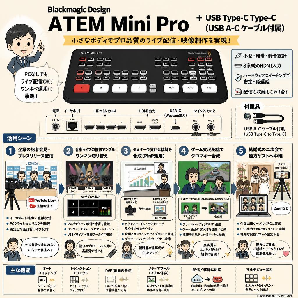 Blackmagic Design ATEM Mini Pro ＋ USB Type-C Type-C（USB A-C ケーブル付属） 用途