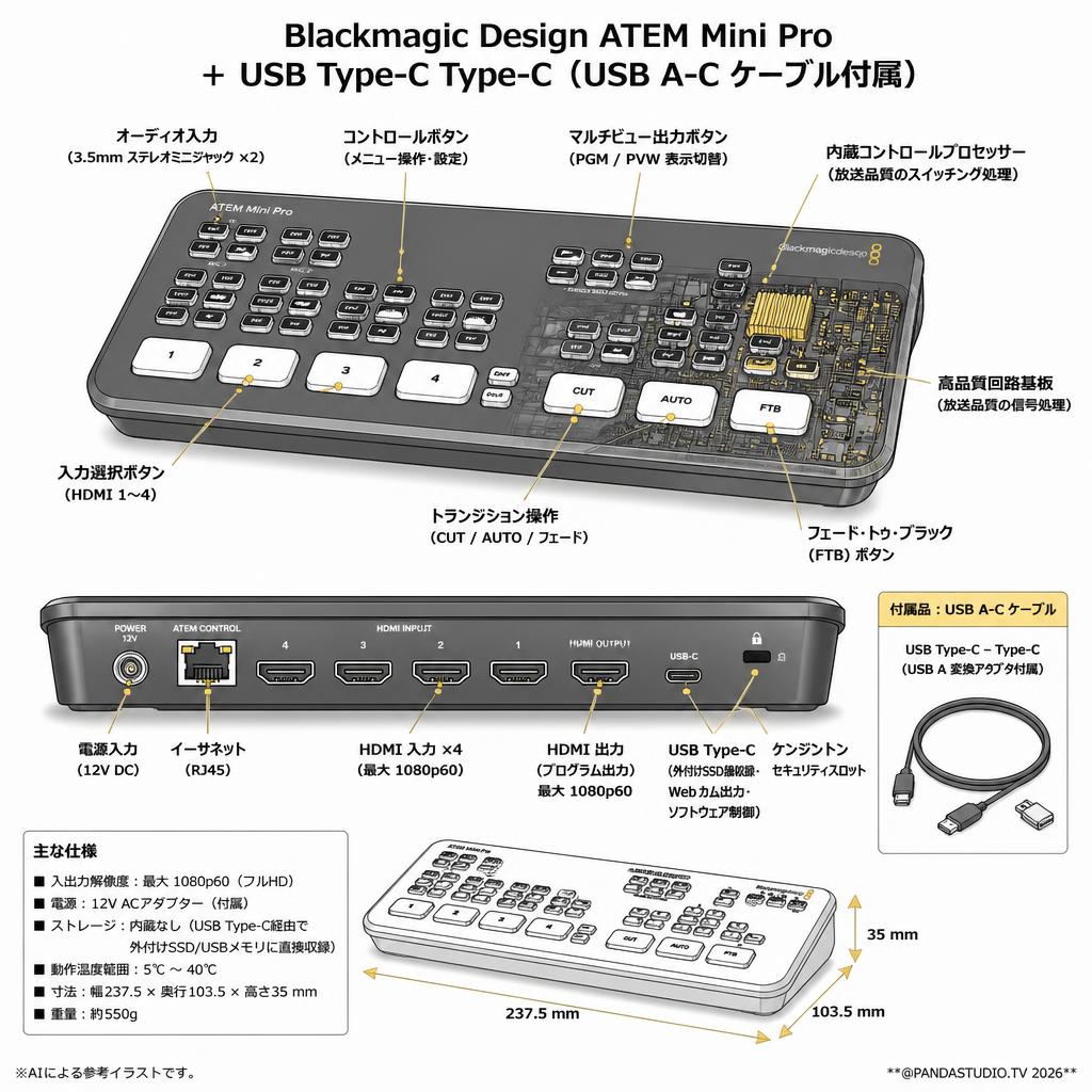 Blackmagic Design ATEM Mini Pro ＋ USB Type-C Type-C（USB A-C ケーブル付属） スペック