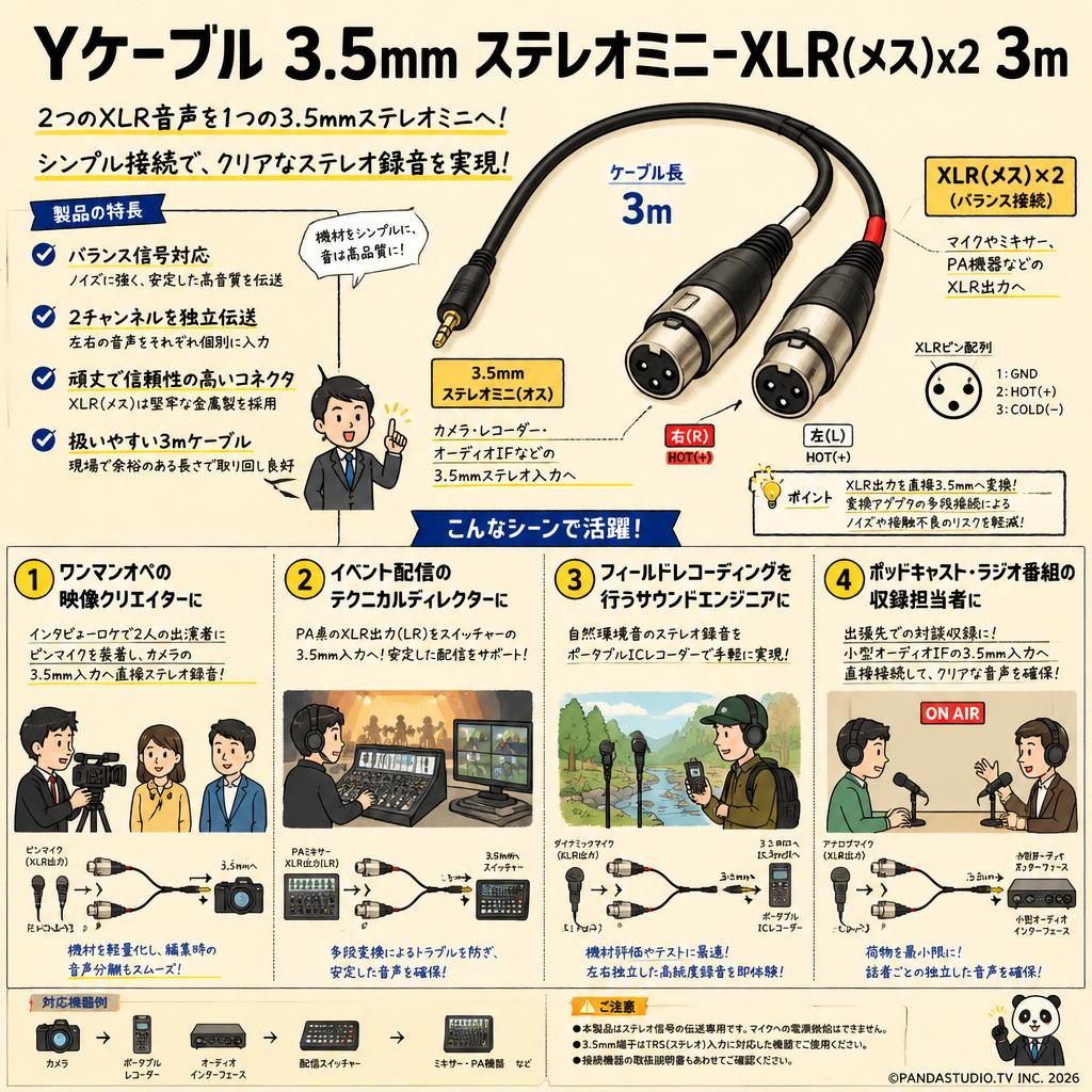 Yケーブル 3.5mm ステレオミニ-XLR(メス)x2 3m おもな対象のお客様