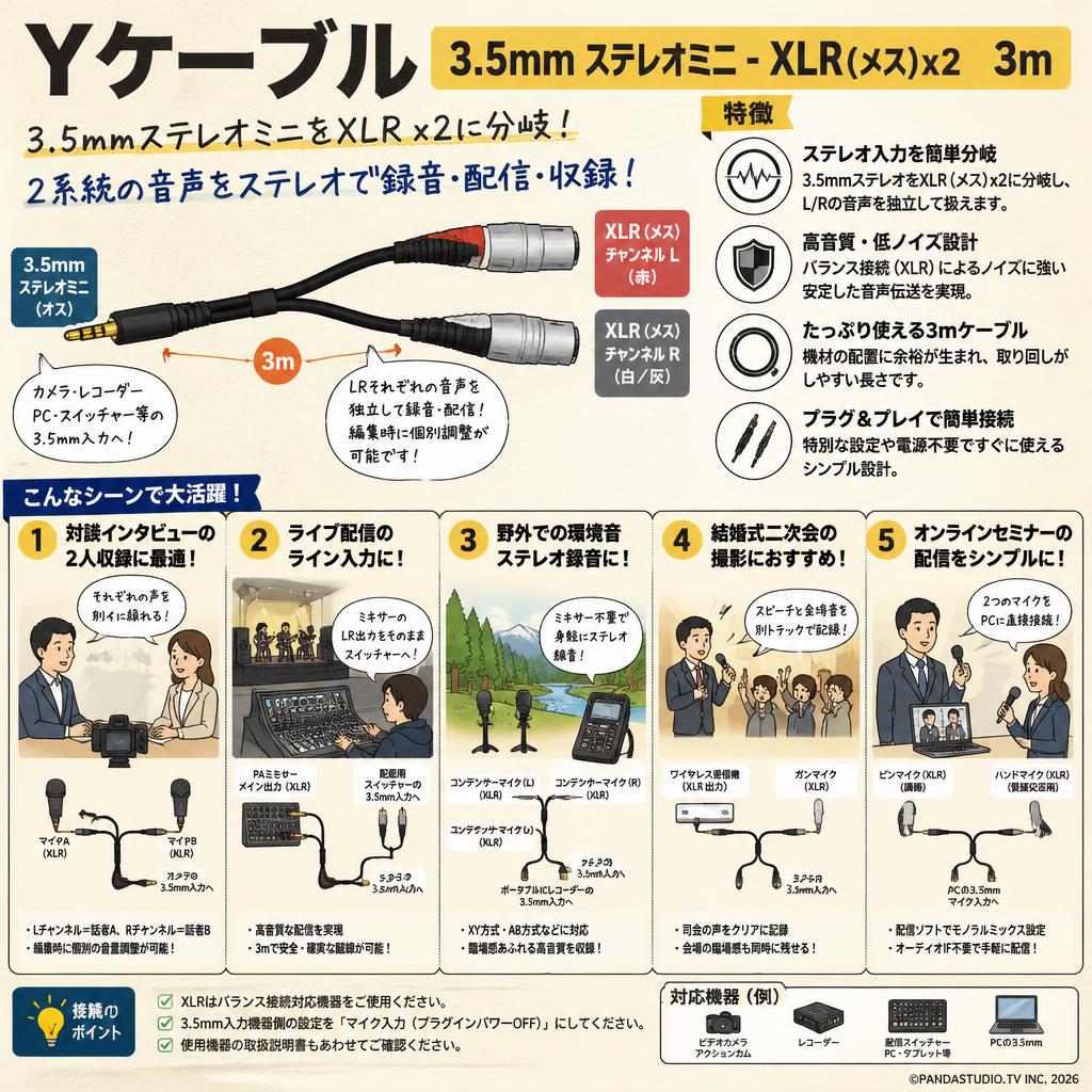 Yケーブル 3.5mm ステレオミニ-XLR(メス)x2 3m 用途