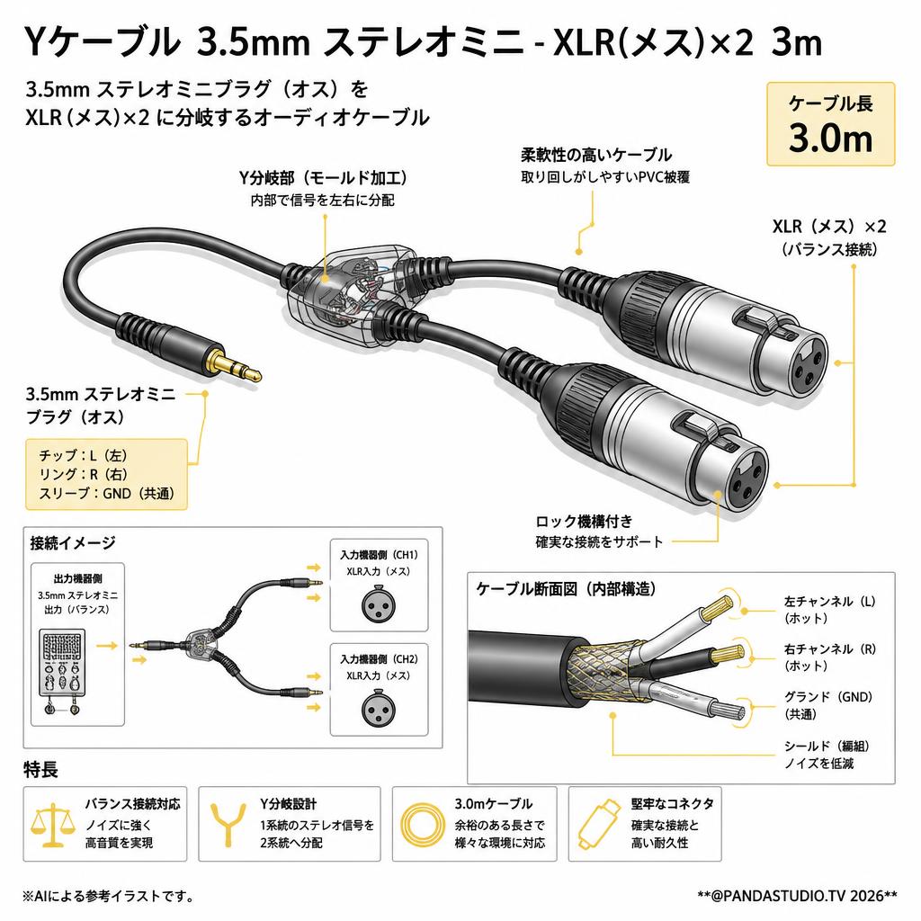 Yケーブル 3.5mm ステレオミニ-XLR(メス)x2 3m スペック