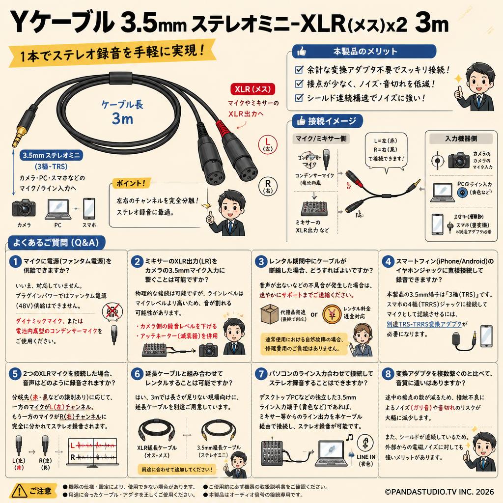 Yケーブル 3.5mm ステレオミニ-XLR(メス)x2 3m FAQ（よくある質問と答え）