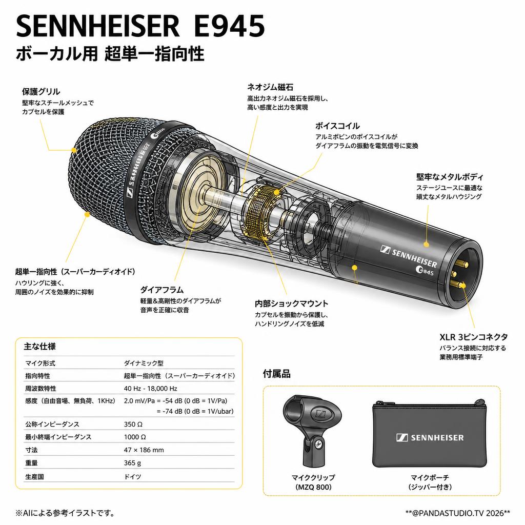 SENNHEISER  E945 ボーカル用 超単一指向性 スペック