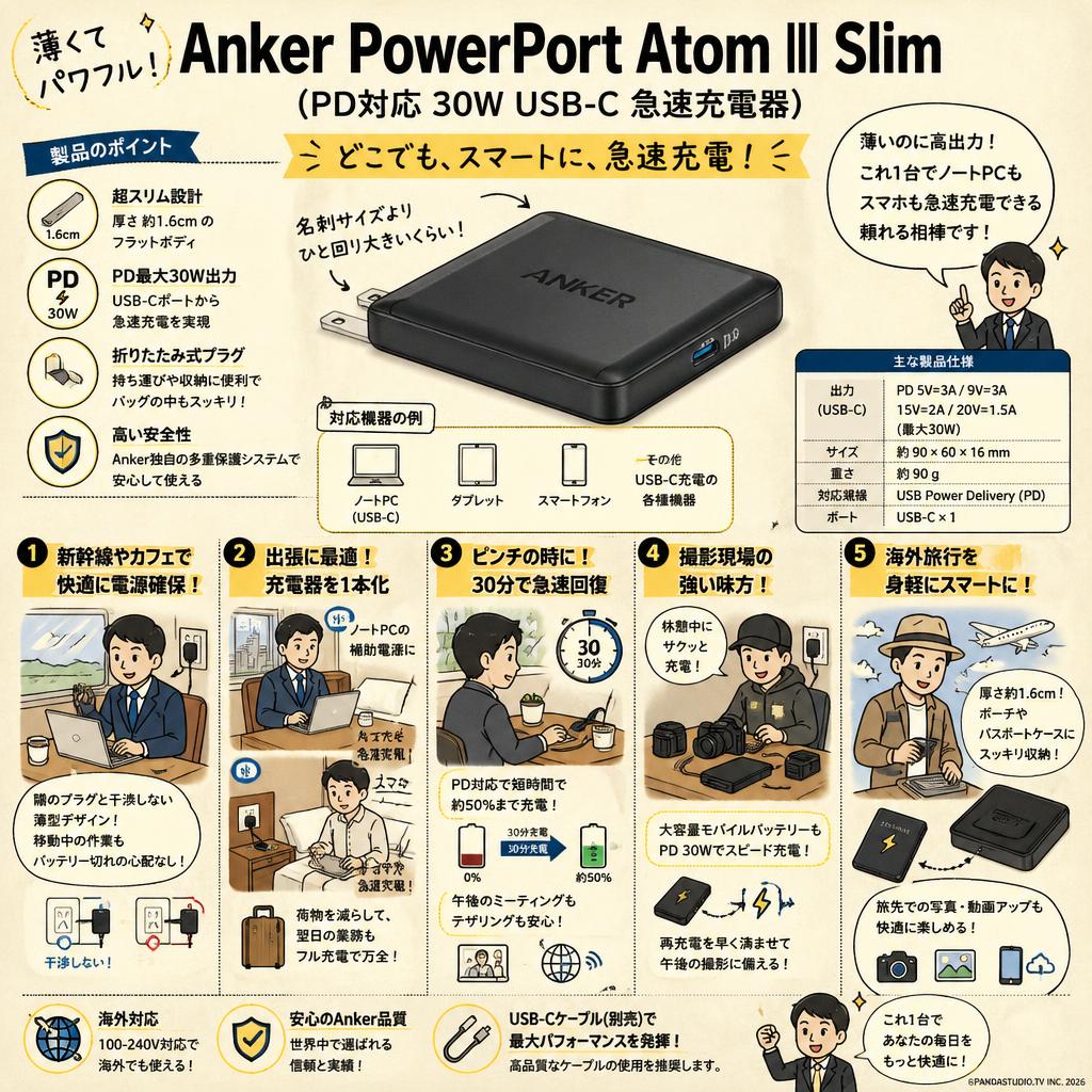 Anker PowerPort Atom III Slim (PD対応 30W USB-C 急速充電器) 用途