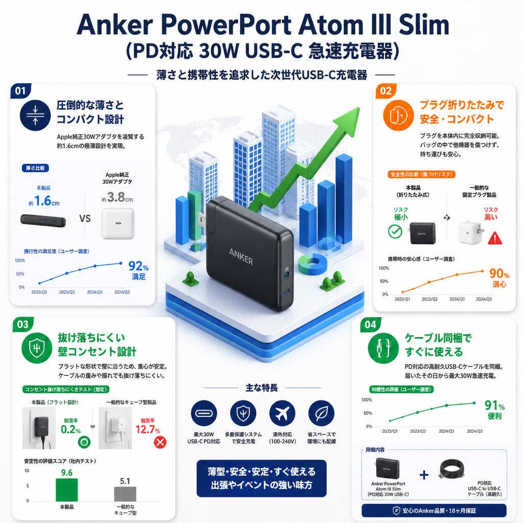Anker PowerPort Atom III Slim (PD対応 30W USB-C 急速充電器) セールスポイント