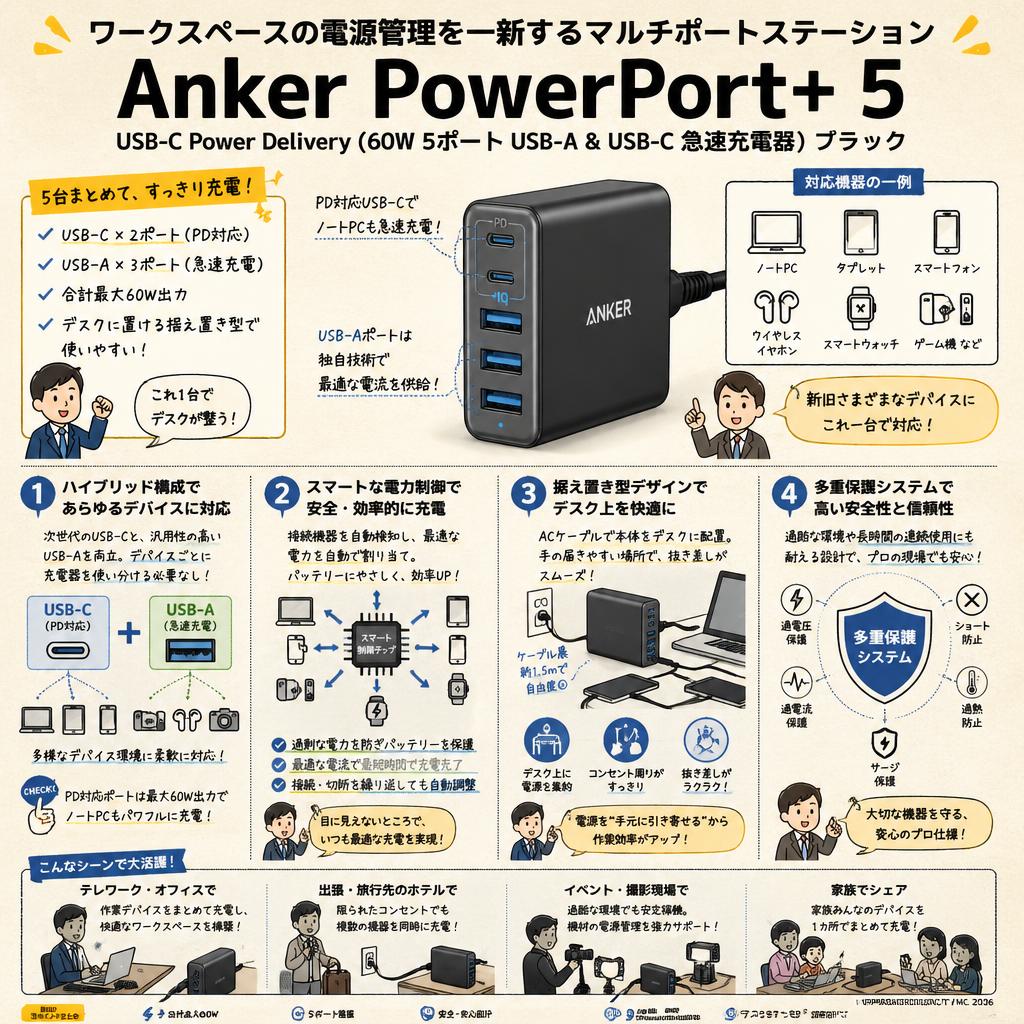 Anker PowerPort+ 5 USB-C Power Delivery (60W 5ポート USB-A & USB-C 急速充電器)　ブラック 概要