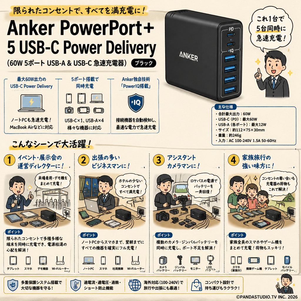 Anker PowerPort+ 5 USB-C Power Delivery (60W 5ポート USB-A & USB-C 急速充電器)　ブラック おもな対象のお客様