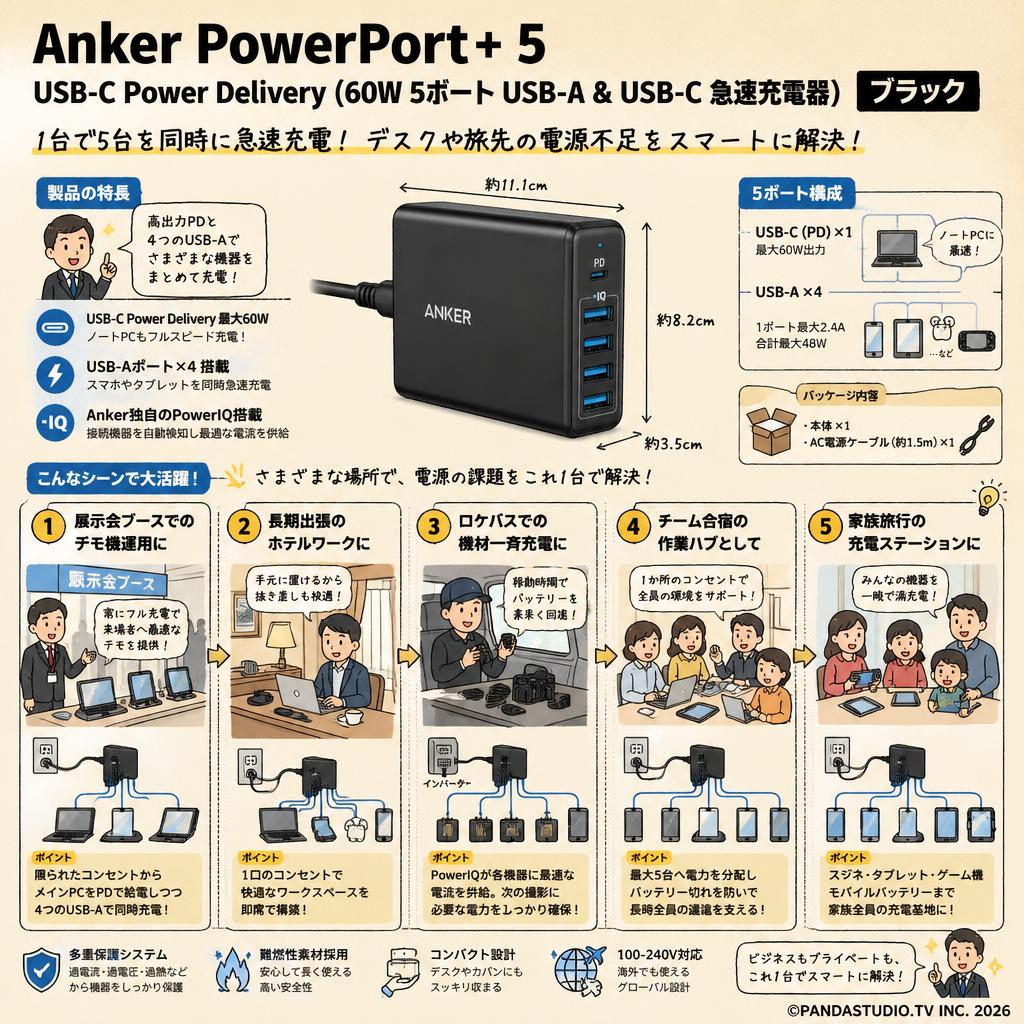 Anker PowerPort+ 5 USB-C Power Delivery (60W 5ポート USB-A & USB-C 急速充電器)　ブラック 用途