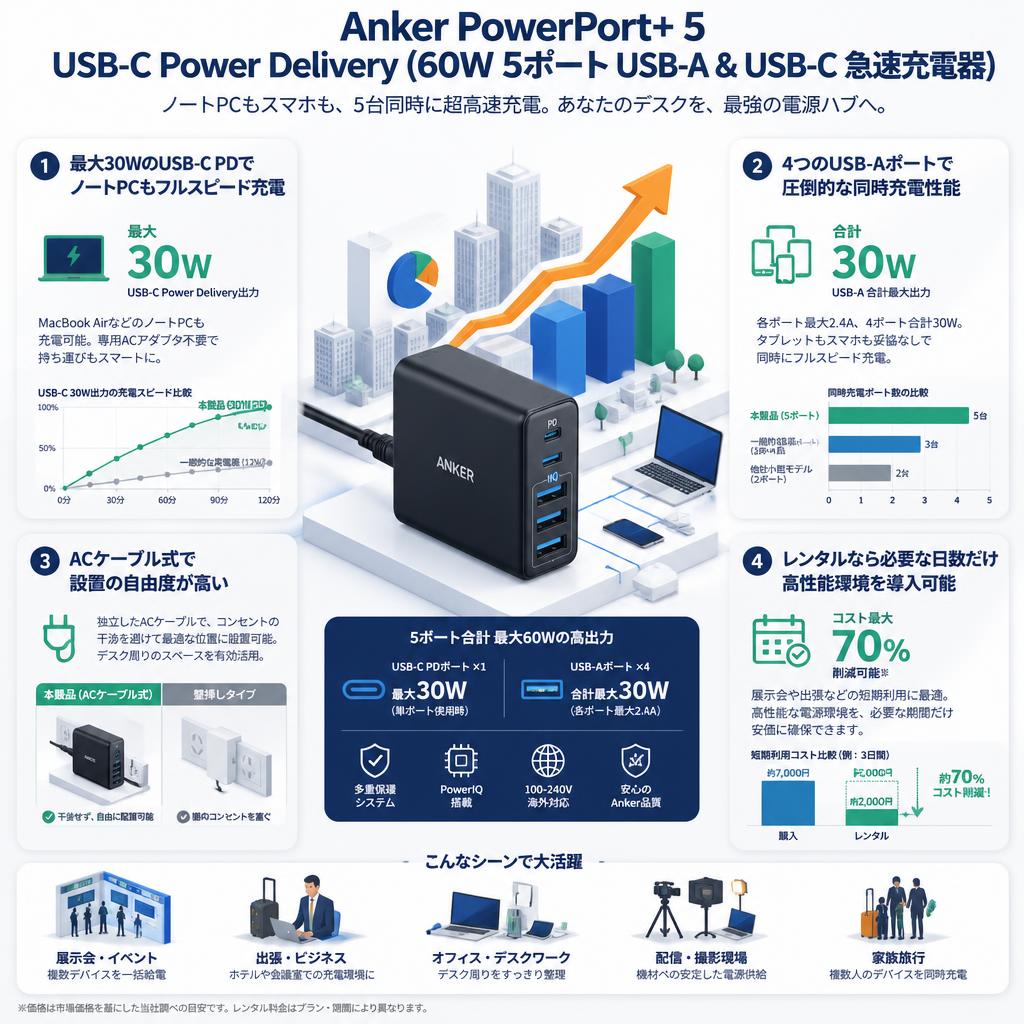 Anker PowerPort+ 5 USB-C Power Delivery (60W 5ポート USB-A & USB-C 急速充電器)　ブラック セールスポイント