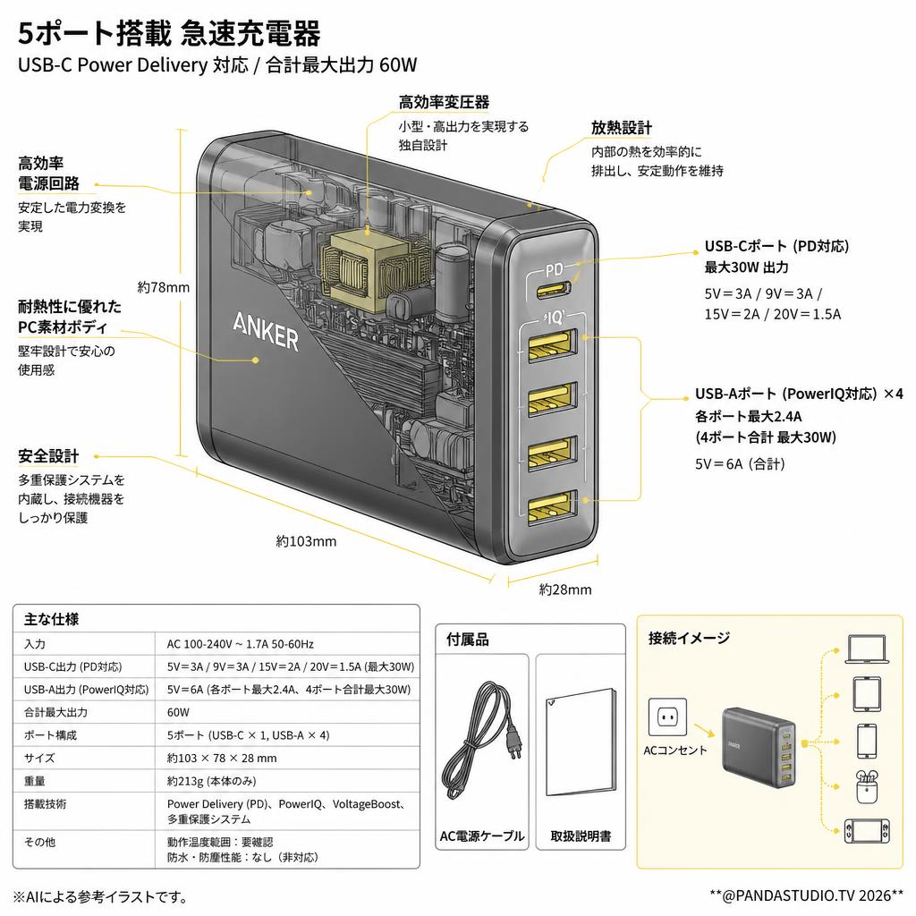 Anker PowerPort+ 5 USB-C Power Delivery (60W 5ポート USB-A & USB-C 急速充電器)　ブラック スペック