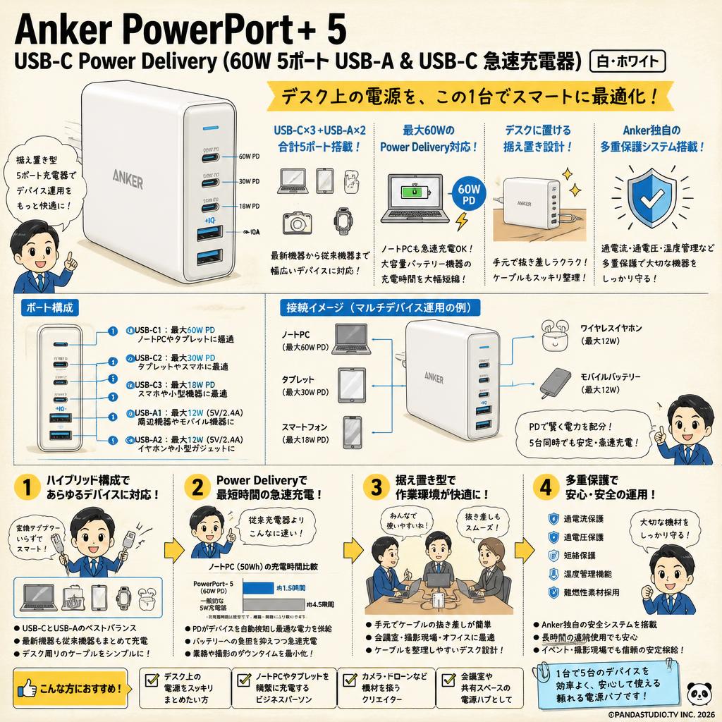Anker PowerPort+ 5 USB-C Power Delivery (60W 5ポート USB-A & USB-C 急速充電器)　白・ホワイト 概要