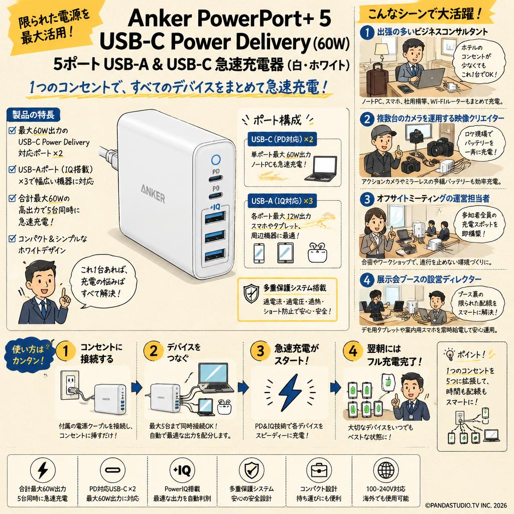 Anker PowerPort+ 5 USB-C Power Delivery (60W 5ポート USB-A & USB-C 急速充電器)　白・ホワイト おもな対象のお客様