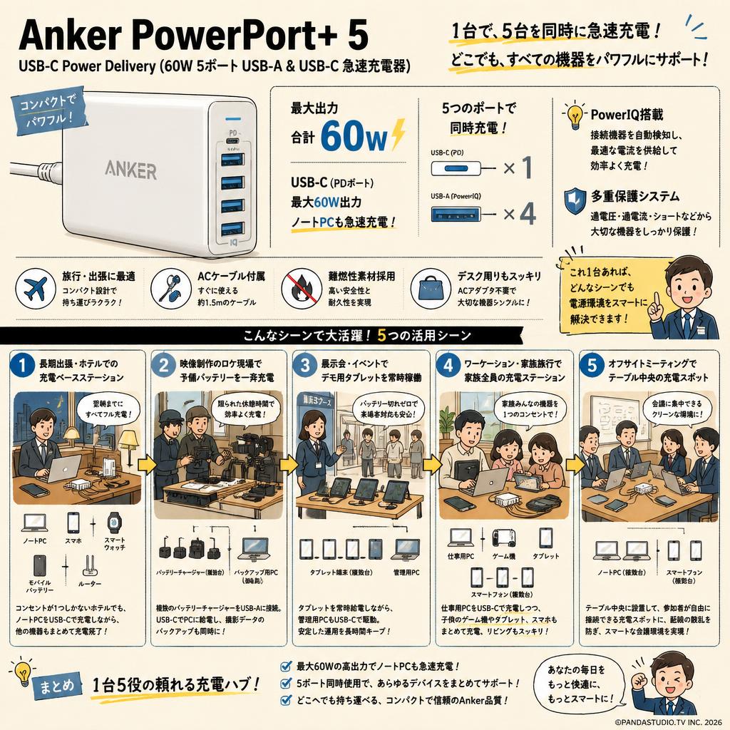 Anker PowerPort+ 5 USB-C Power Delivery (60W 5ポート USB-A & USB-C 急速充電器)　白・ホワイト 用途