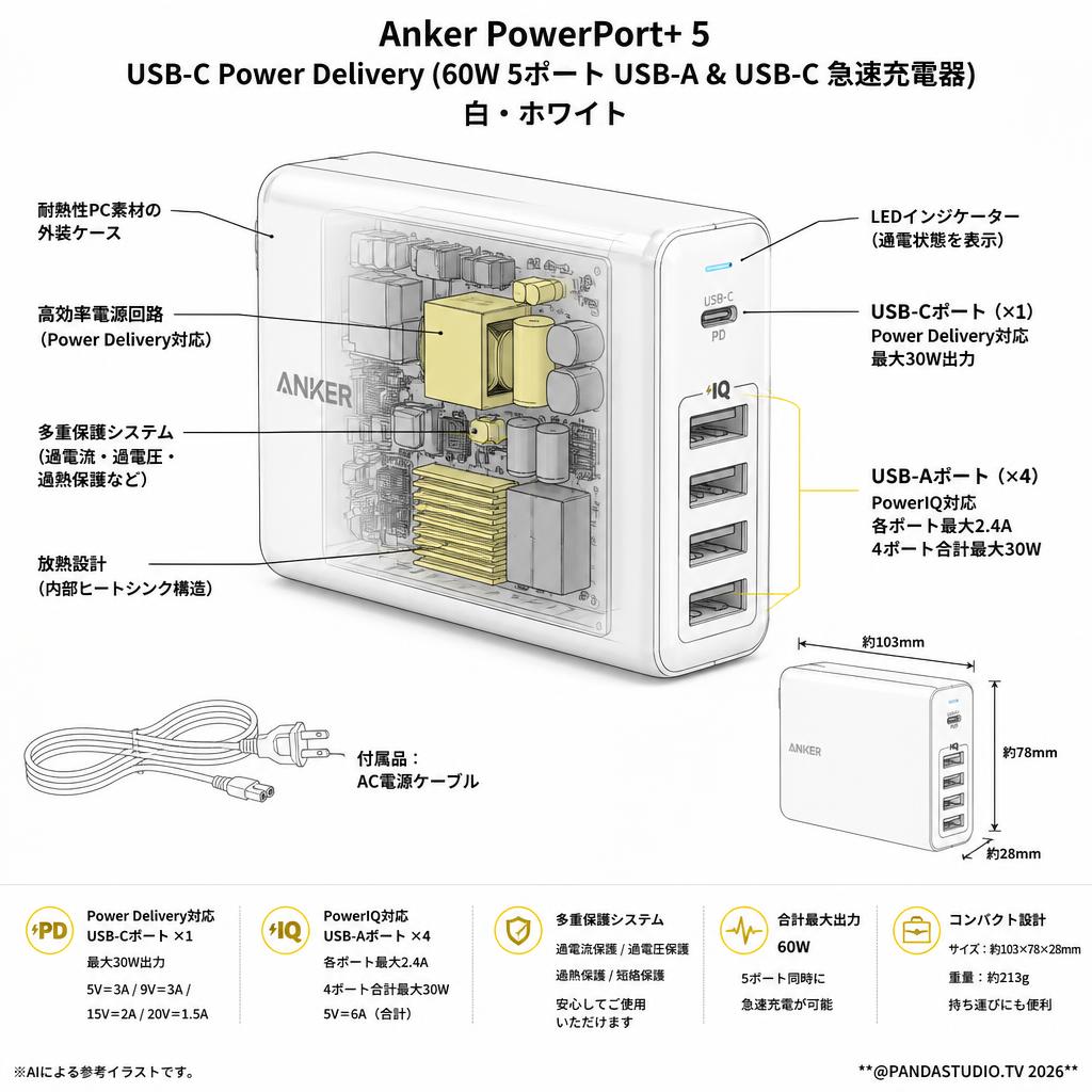 Anker PowerPort+ 5 USB-C Power Delivery (60W 5ポート USB-A & USB-C 急速充電器)　白・ホワイト スペック