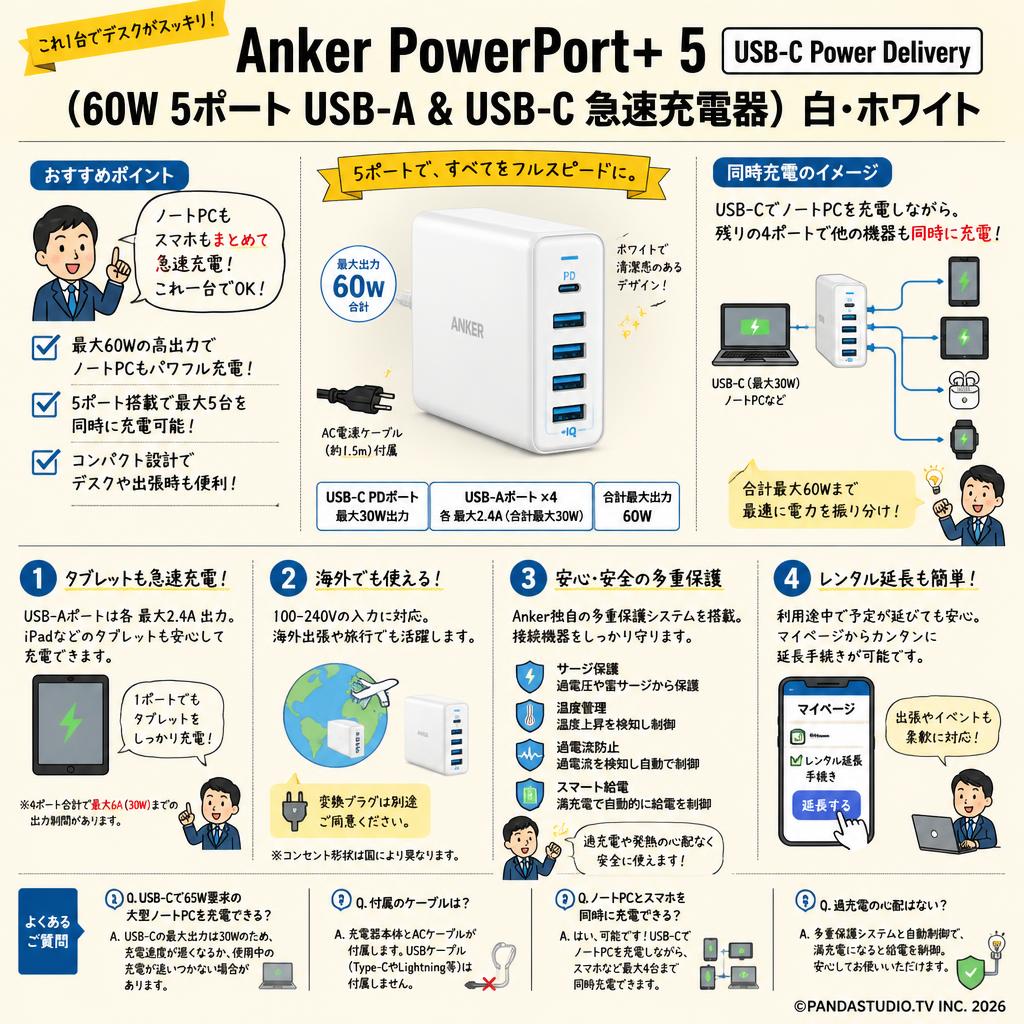 Anker PowerPort+ 5 USB-C Power Delivery (60W 5ポート USB-A & USB-C 急速充電器)　白・ホワイト FAQ（よくある質問と答え）