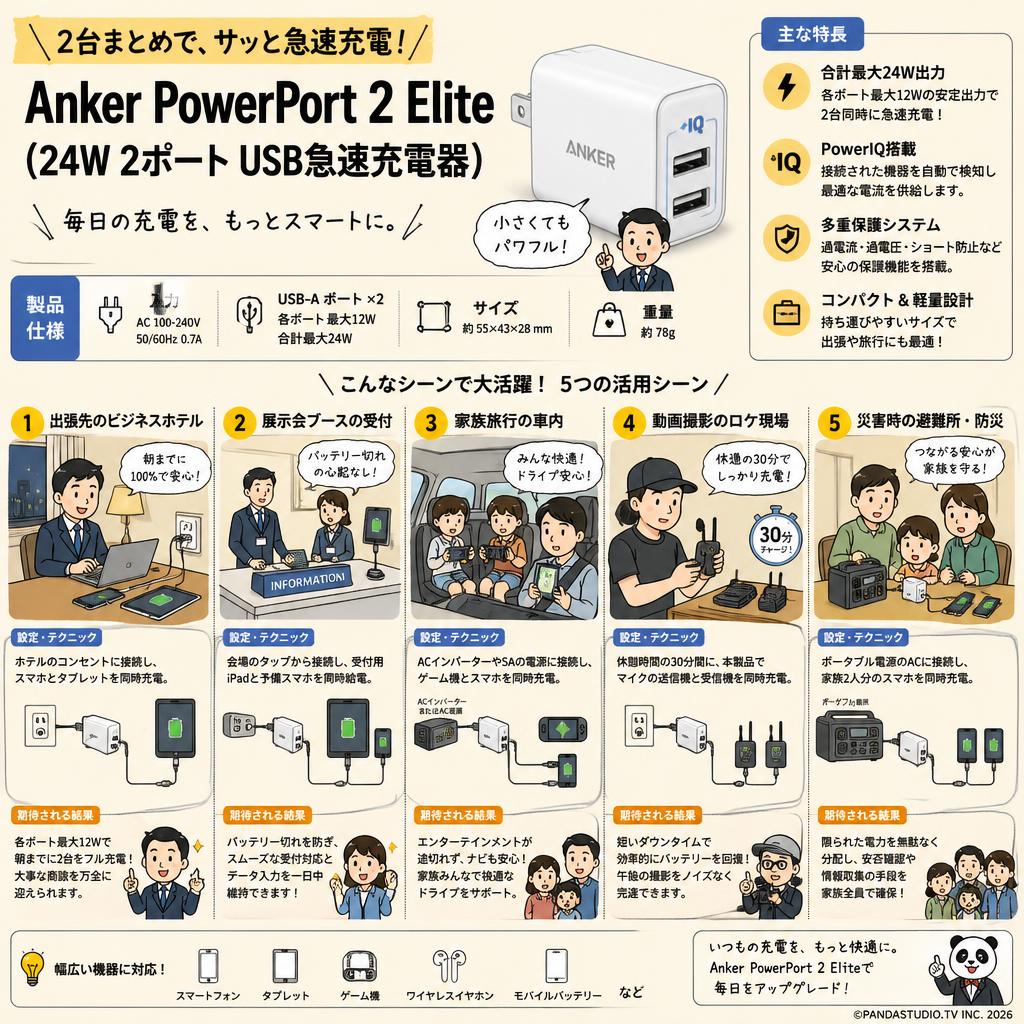 Anker PowerPort 2 Elite (24W 2ポート USB急速充電器) 用途