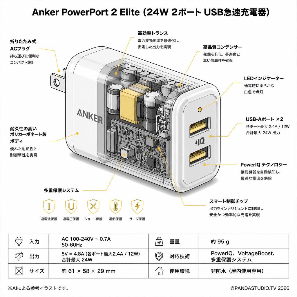 Anker PowerPort 2 Elite (24W 2ポート USB急速充電器) スペック