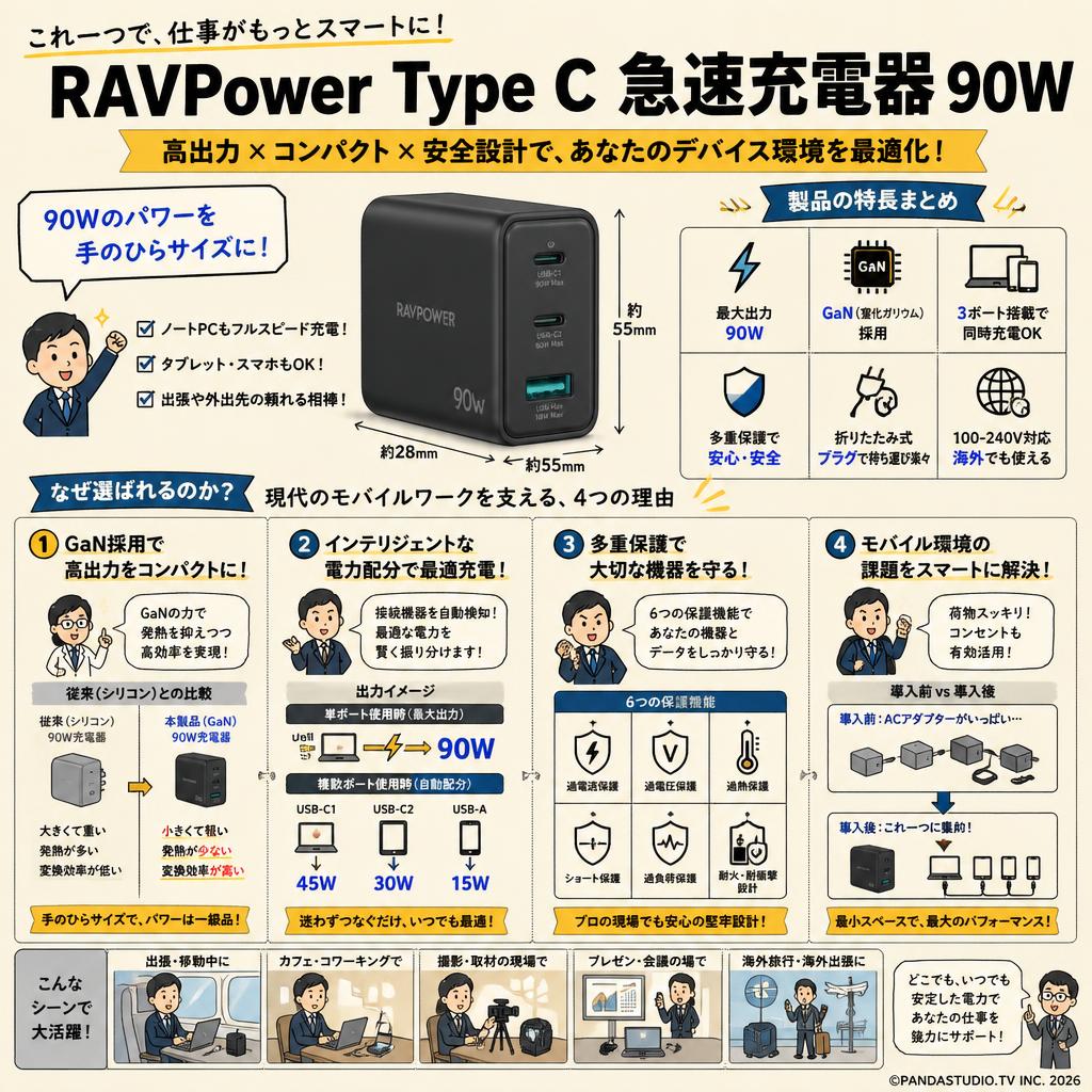 RAVPower Type C 急速充電器 90W 概要