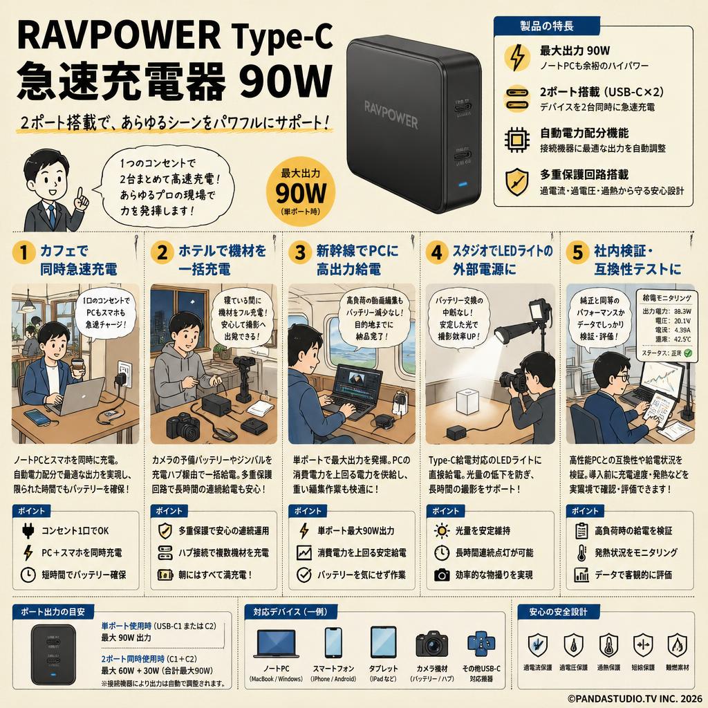 RAVPower Type C 急速充電器 90W 用途