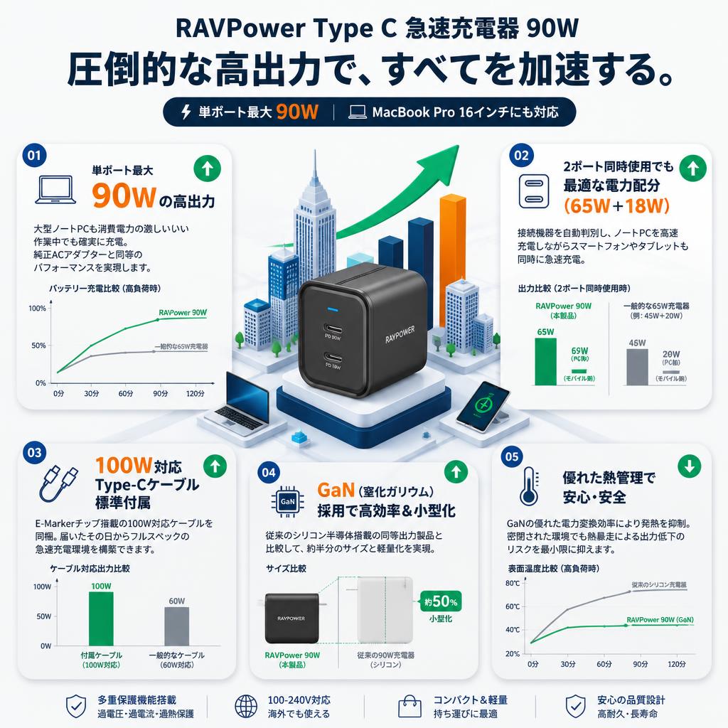 RAVPower Type C 急速充電器 90W セールスポイント
