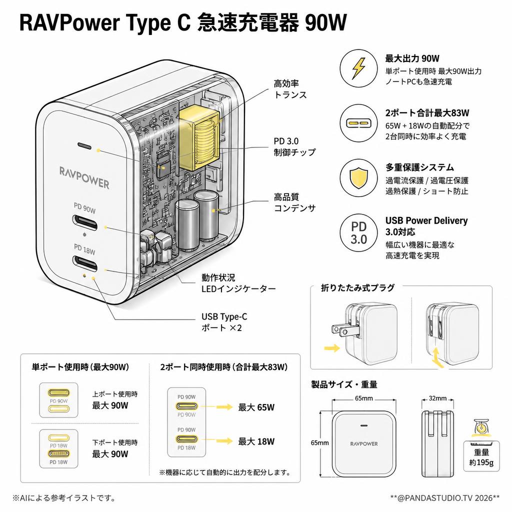 RAVPower Type C 急速充電器 90W スペック