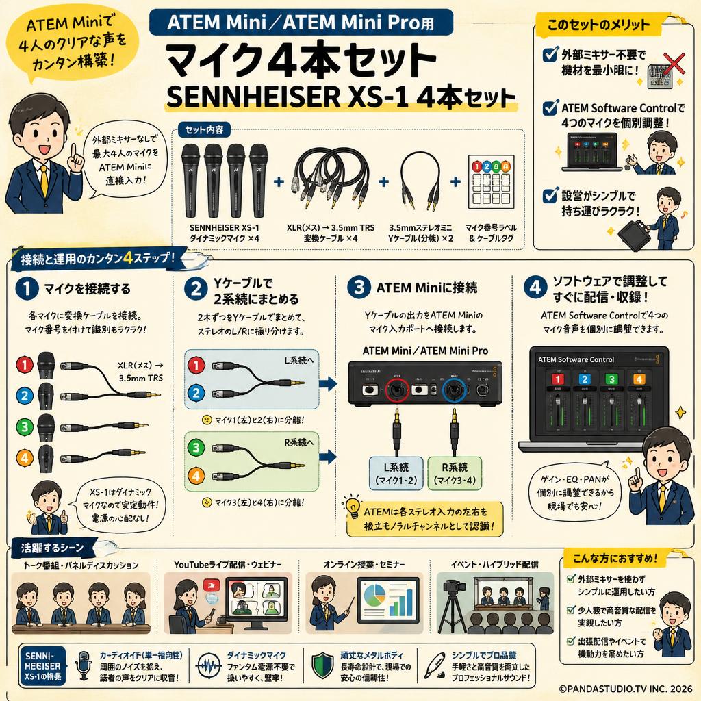 ATEM Mini／ATEM Mini Pro用 マイク4本セット SENNHEISER  XS-1 4本セット 概要