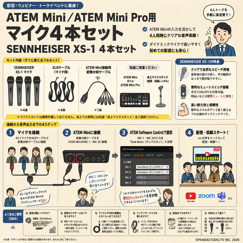 ATEM Mini／ATEM Mini Pro用 マイク4本セット SENNHEISER  XS-1 4本セット FAQ（よくある質問と答え）