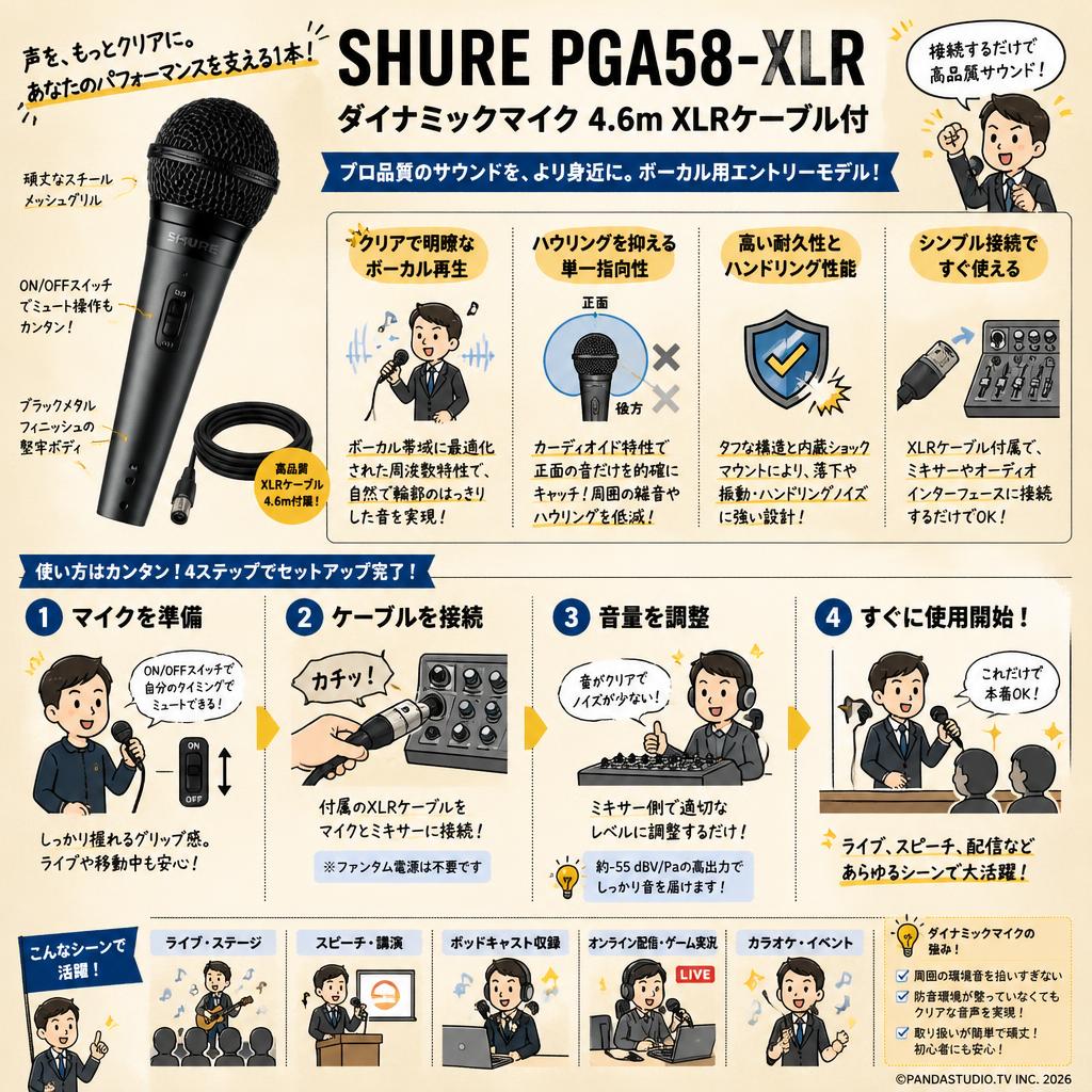 SHURE PGA58-XLR ダイナミックマイク 4.6m XLRケーブル付 概要