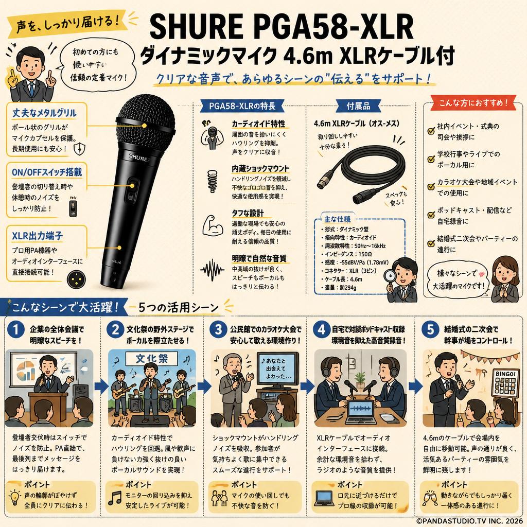 SHURE PGA58-XLR ダイナミックマイク 4.6m XLRケーブル付 用途