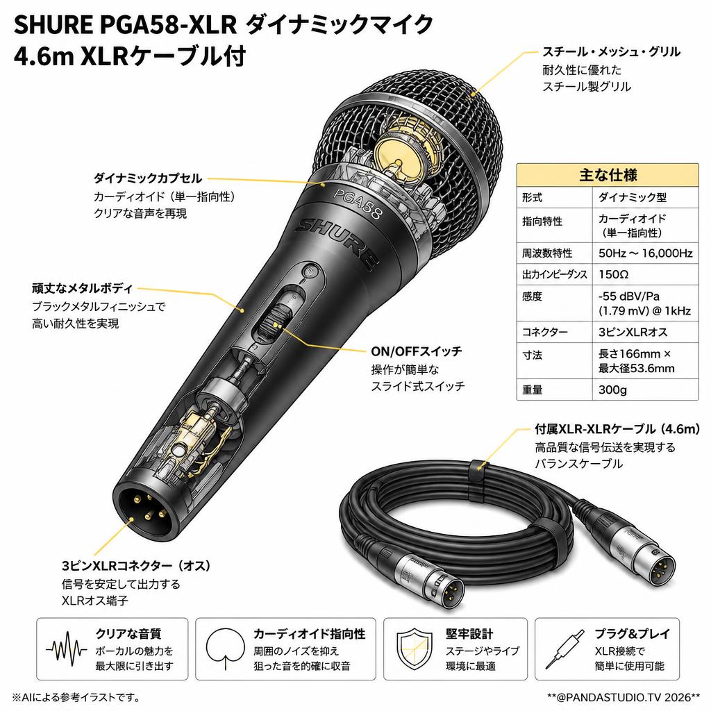 SHURE PGA58-XLR ダイナミックマイク 4.6m XLRケーブル付 スペック