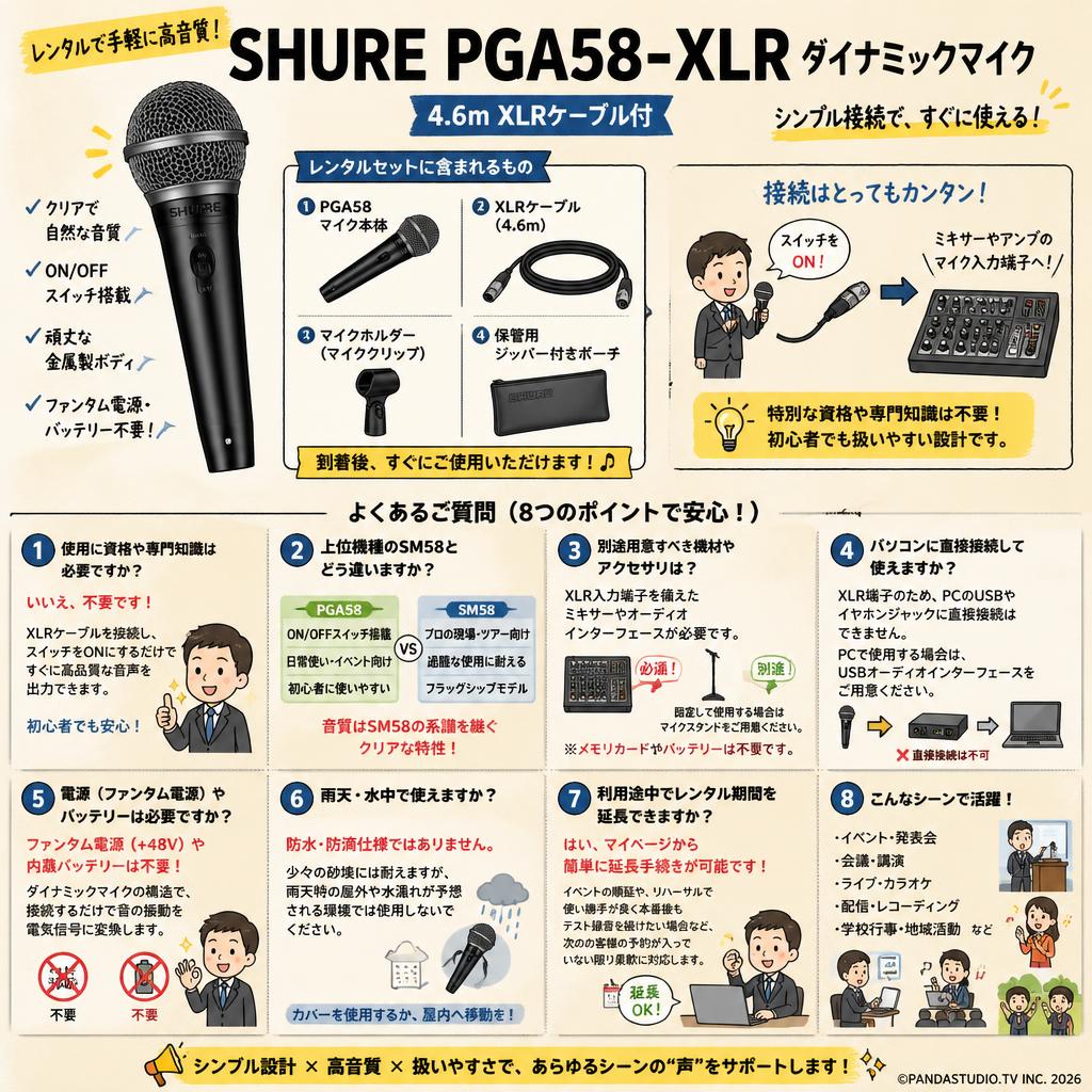SHURE PGA58-XLR ダイナミックマイク 4.6m XLRケーブル付 FAQ（よくある質問と答え）