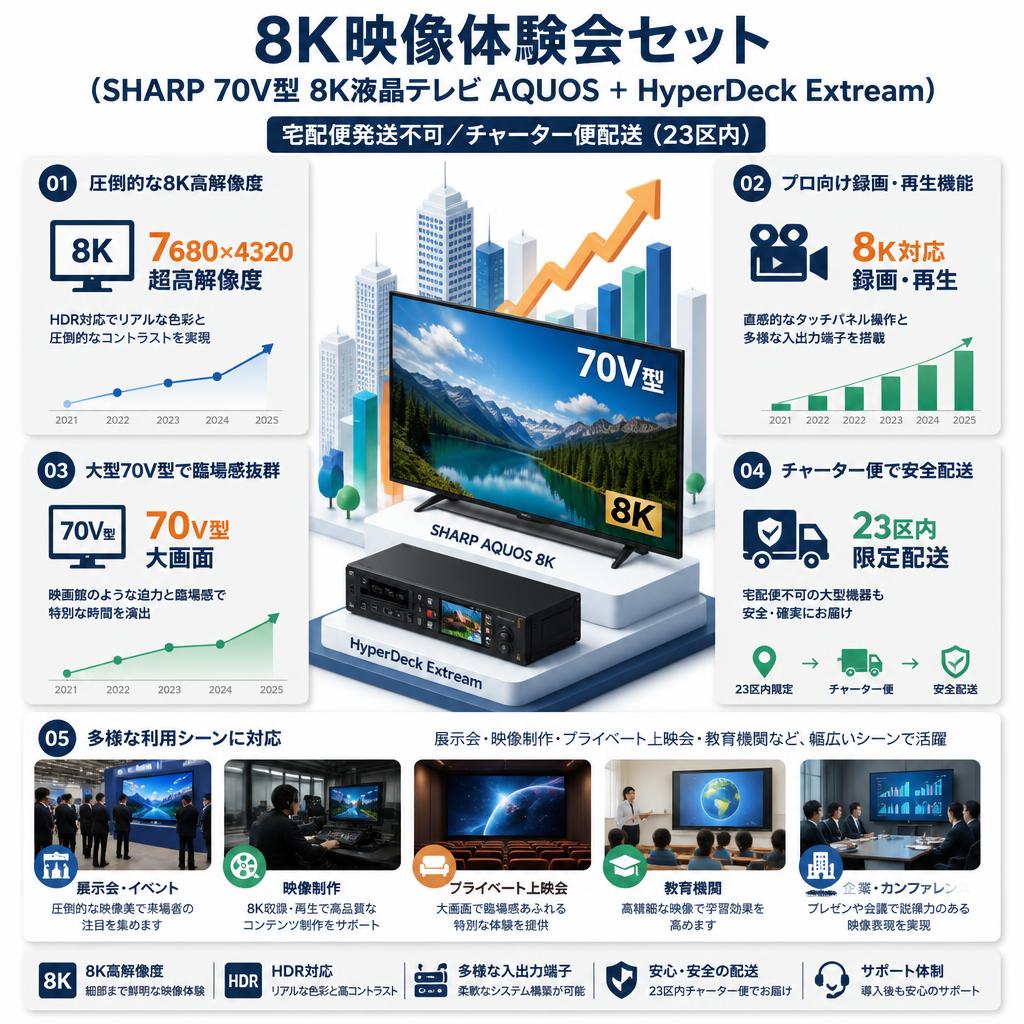 8K映像体験会セット（SHARP 70V型 8K液晶テレビ AQUOS ＋ HyperDeck Extream）【宅配便発送不可/チャーター便配送（23区内）】 セールスポイント