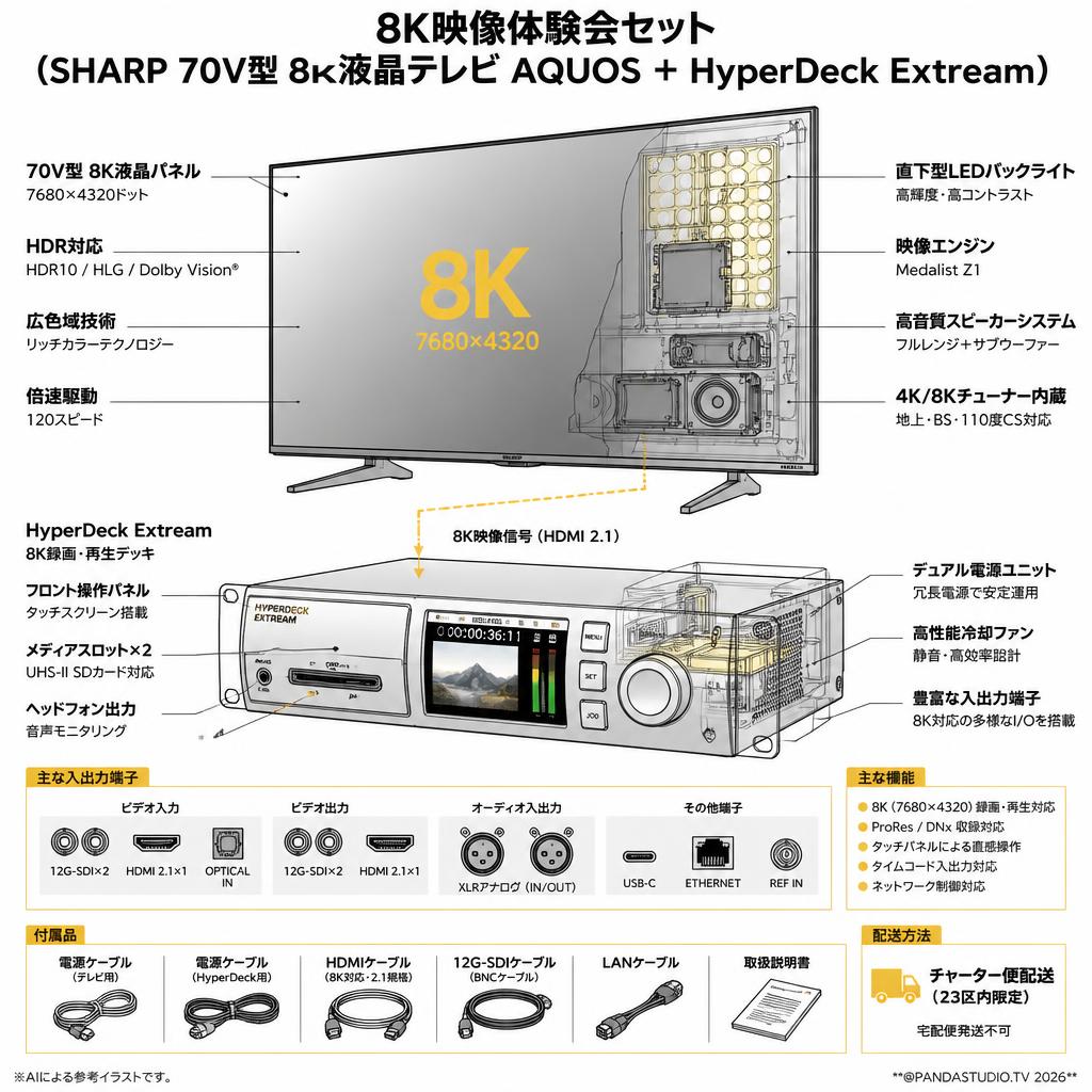 8K映像体験会セット（SHARP 70V型 8K液晶テレビ AQUOS ＋ HyperDeck Extream）【宅配便発送不可/チャーター便配送（23区内）】 スペック