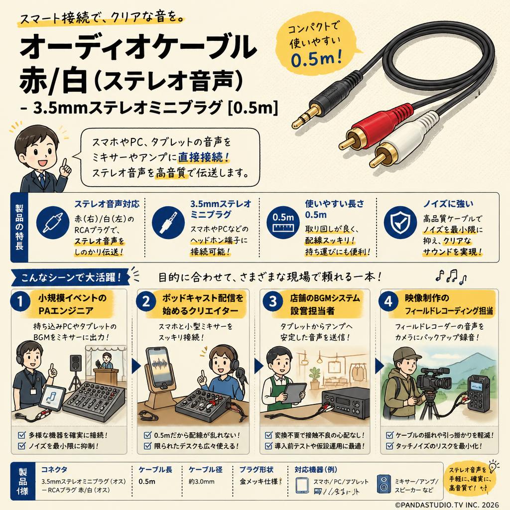 オーディオケーブル 赤/白(ステレオ音声) - 3.5mmステレオミニプラグ [0.5m] おもな対象のお客様