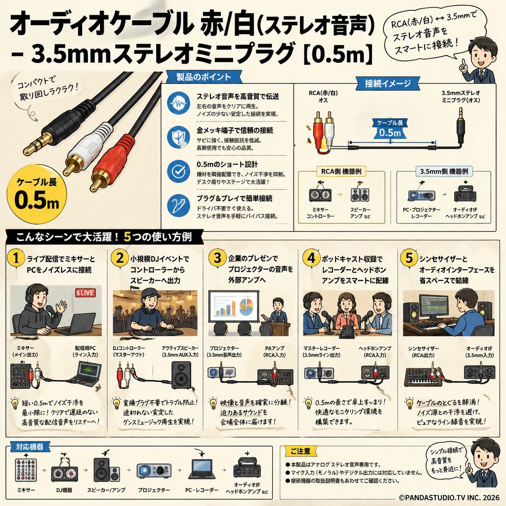 オーディオケーブル 赤/白(ステレオ音声) - 3.5mmステレオミニプラグ [0.5m] 用途