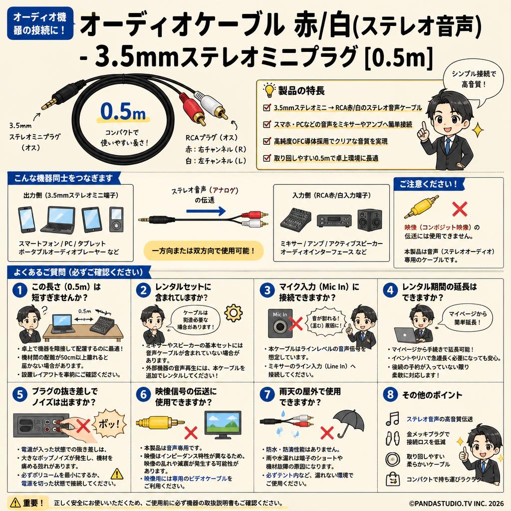 オーディオケーブル 赤/白(ステレオ音声) - 3.5mmステレオミニプラグ [0.5m] FAQ（よくある質問と答え）