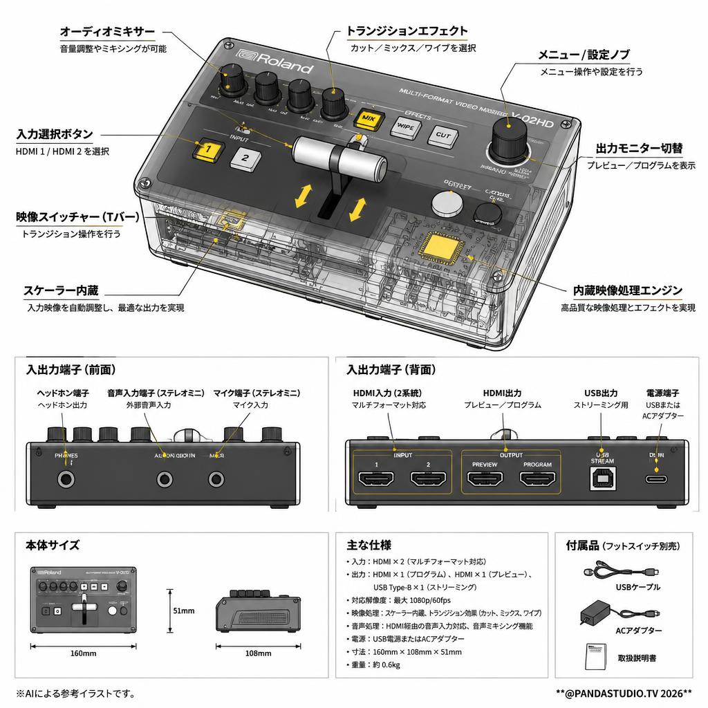 Roland V-02HD MULTI-FORMAT VIDEO MIXER（フットスイッチ無し） スペック
