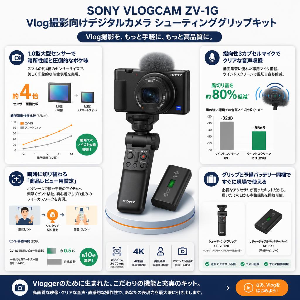 SONY VLOGCAM ZV-1G Vlog撮影向けデジタルカメラ シューティンググリップキット セールスポイント