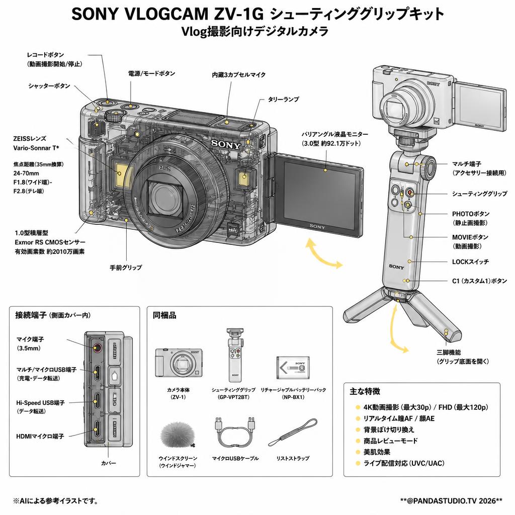 SONY VLOGCAM ZV-1G Vlog撮影向けデジタルカメラ シューティンググリップキット スペック