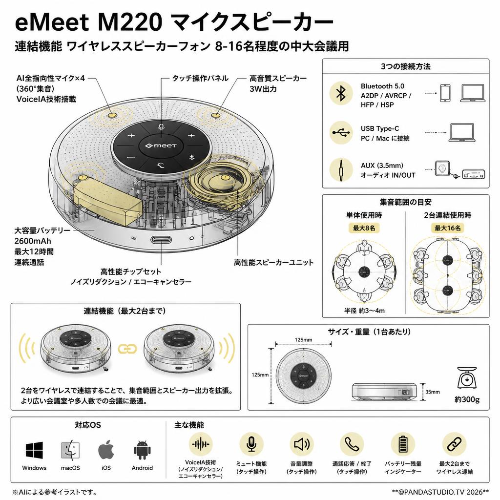 eMeet M220 マイクスピーカー 連結機能 ワイヤレススピーカーフォン 8-16名程度の中大会議用 スペック