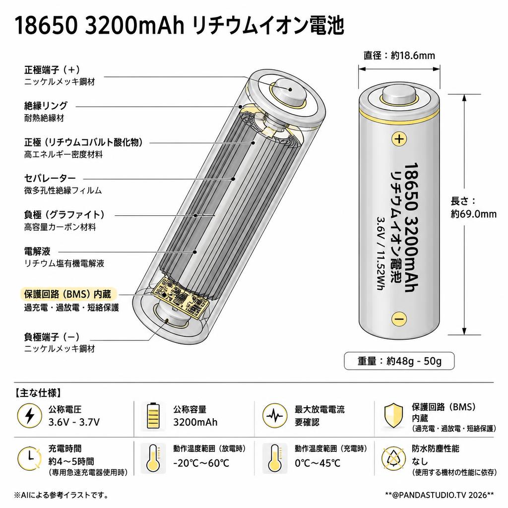 18650 3200mAh リチウムイオン電池 スペック