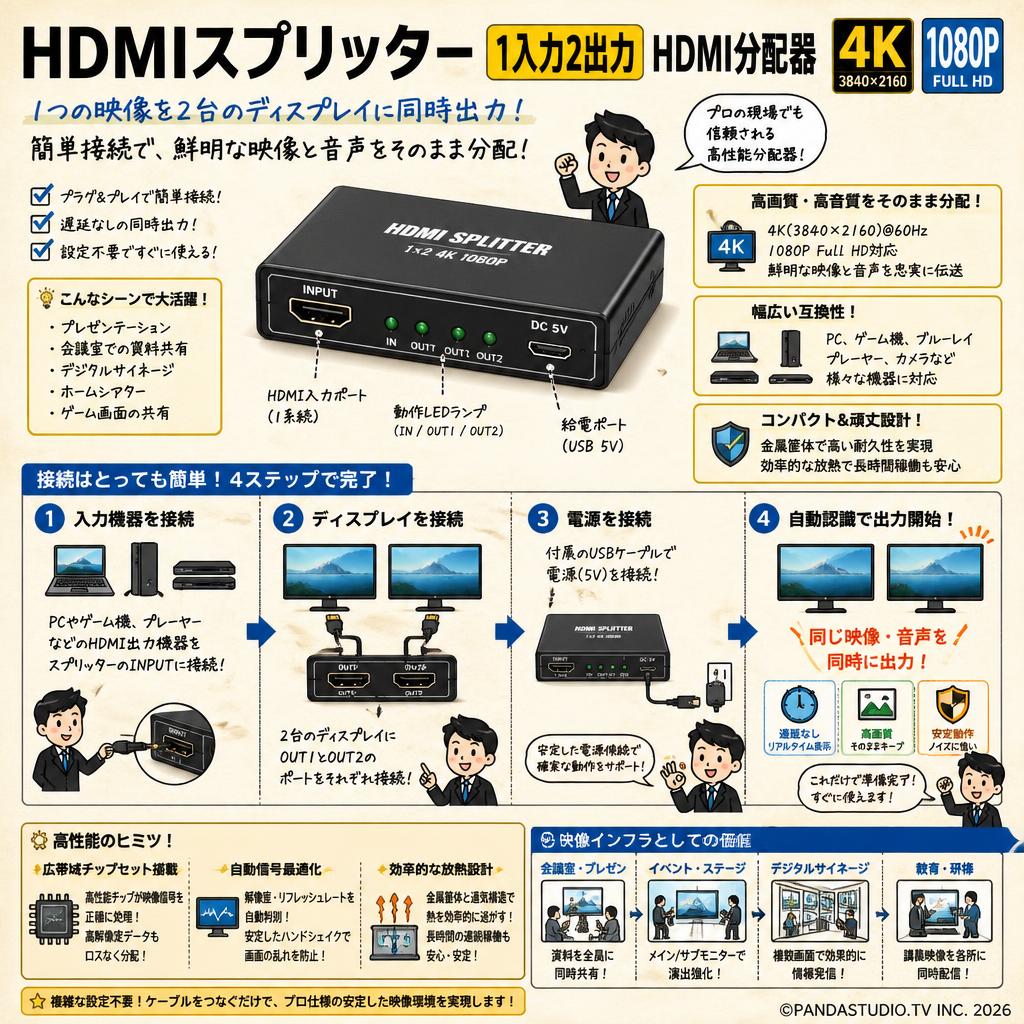 HDMIスプリッター 1入力2出力 HDMI分配器 4K  1080P 概要