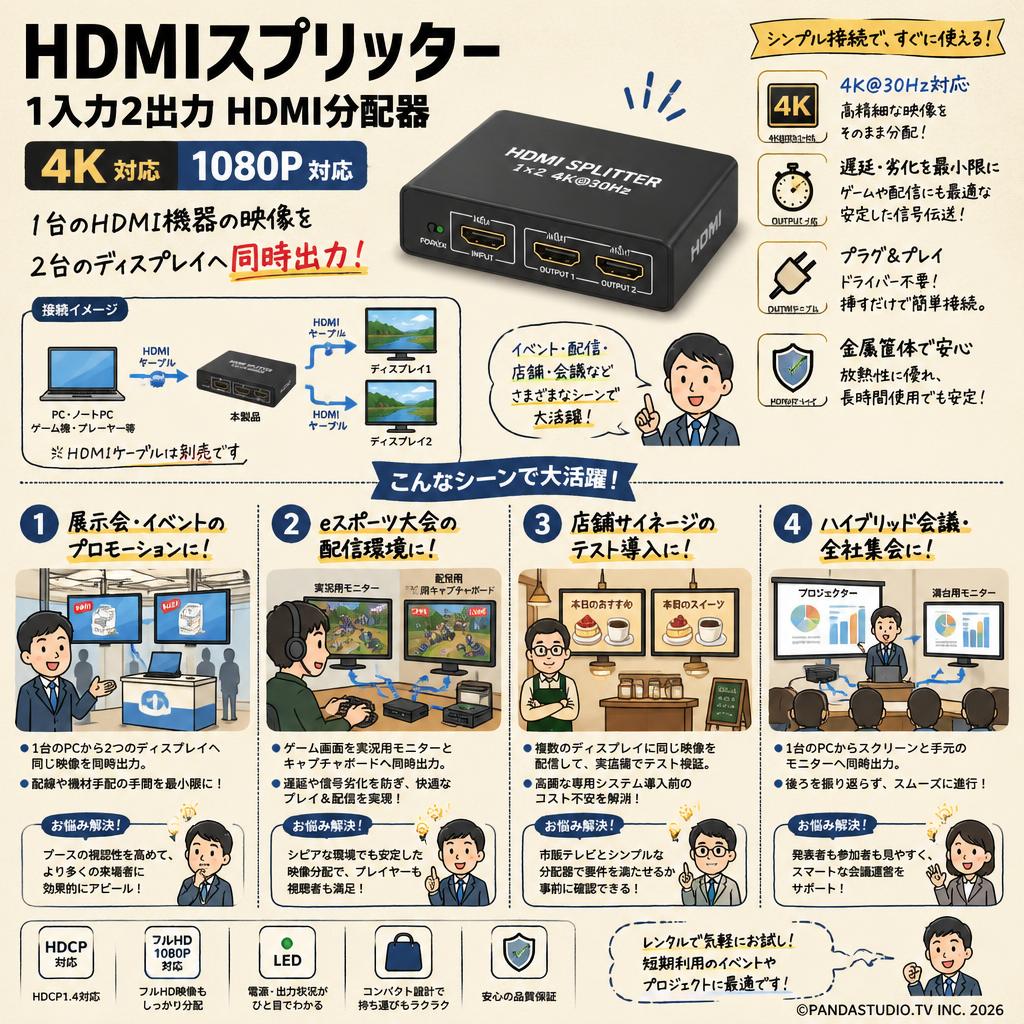 HDMIスプリッター 1入力2出力 HDMI分配器 4K  1080P おもな対象のお客様