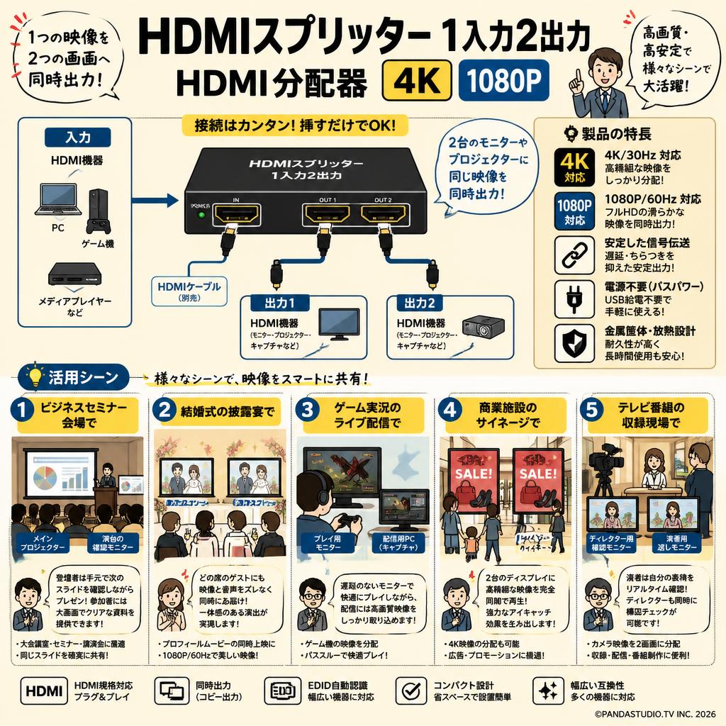 HDMIスプリッター 1入力2出力 HDMI分配器 4K  1080P 用途