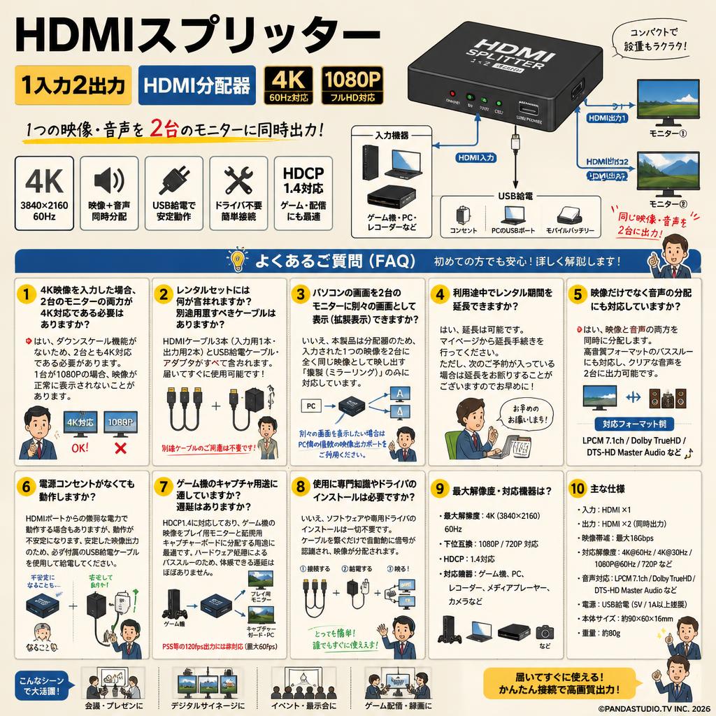 HDMIスプリッター 1入力2出力 HDMI分配器 4K  1080P FAQ（よくある質問と答え）