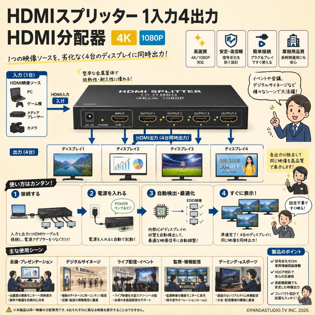 HDMIスプリッター 1入力4出力 HDMI分配器 4K  1080P 概要