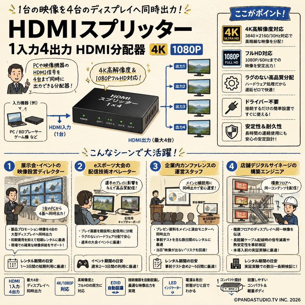 HDMIスプリッター 1入力4出力 HDMI分配器 4K  1080P おもな対象のお客様