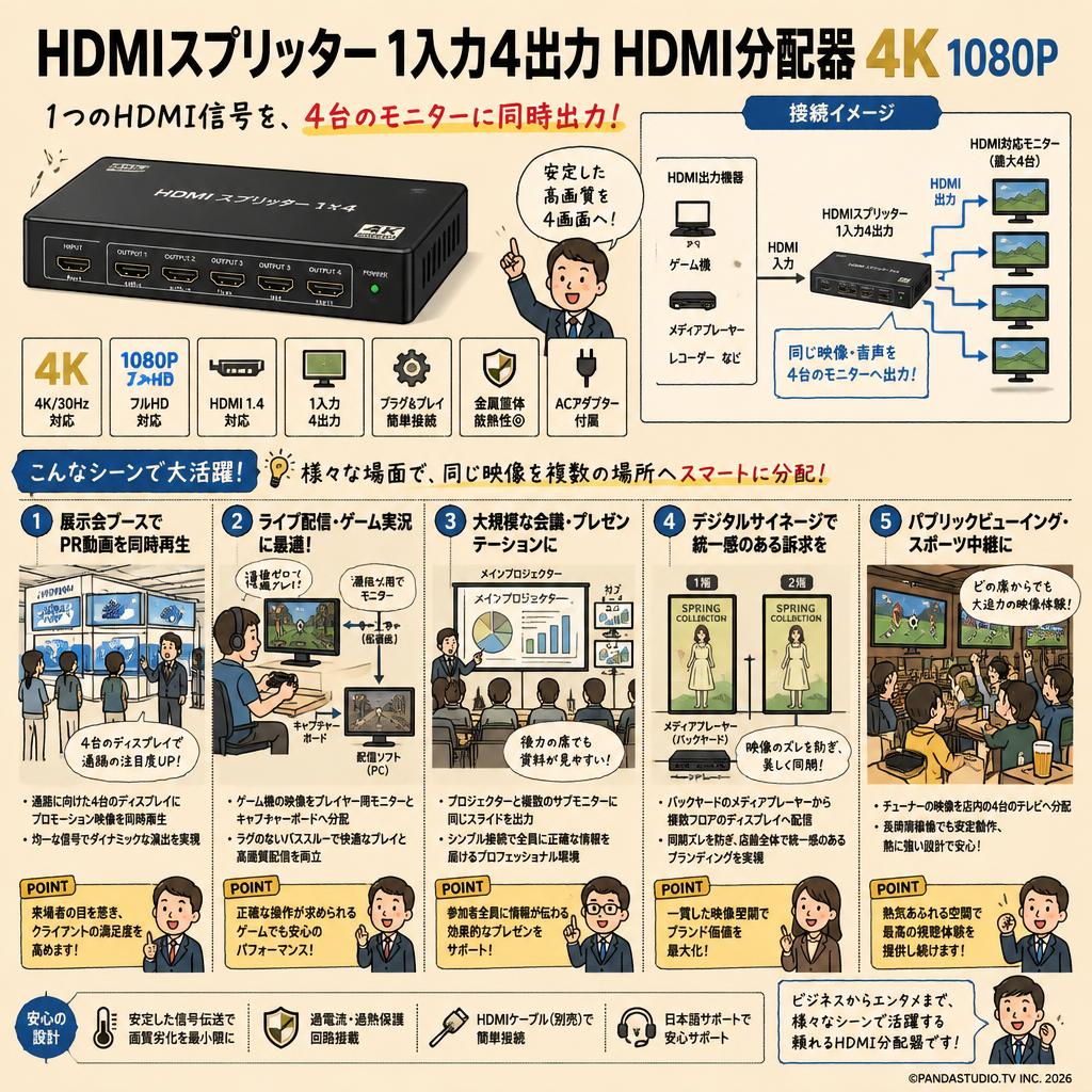 HDMIスプリッター 1入力4出力 HDMI分配器 4K  1080P 用途