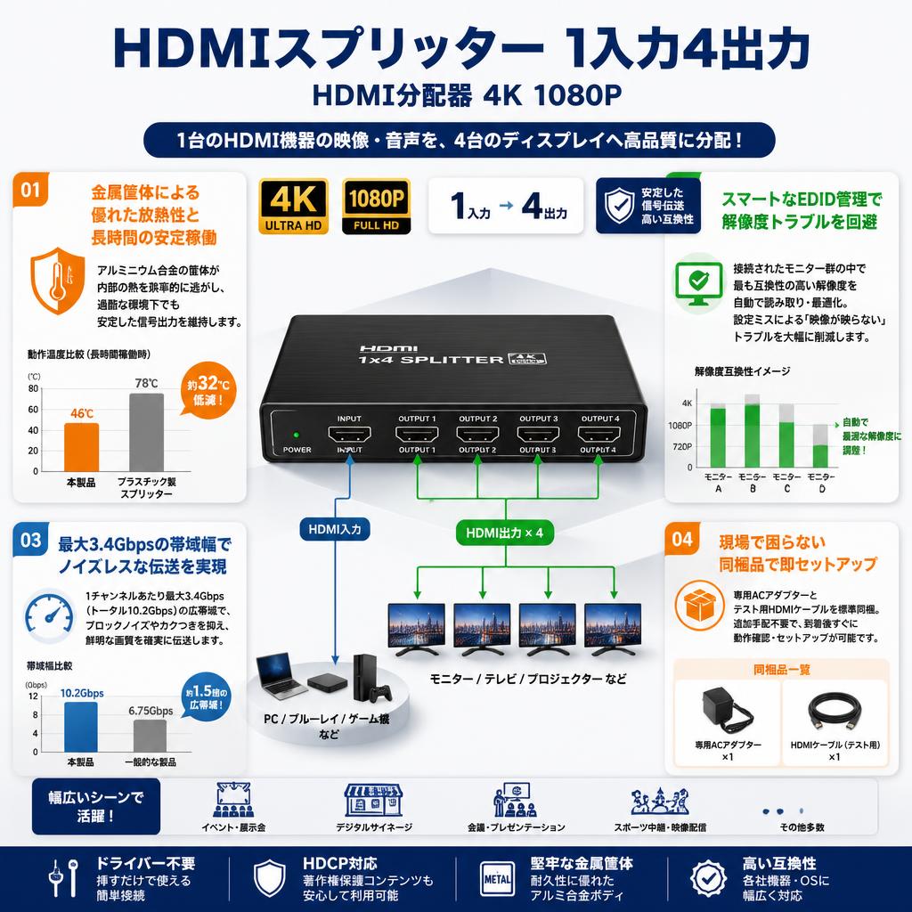 HDMIスプリッター 1入力4出力 HDMI分配器 4K  1080P セールスポイント