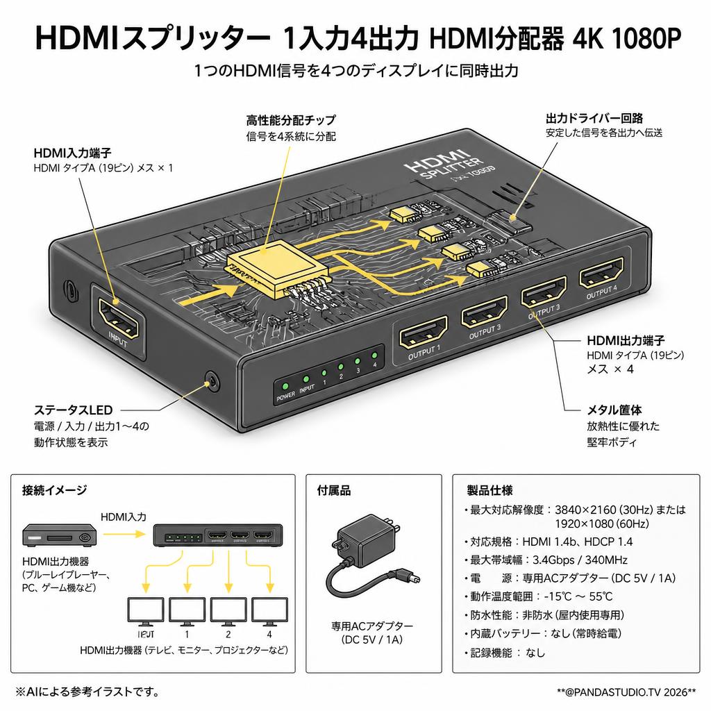 HDMIスプリッター 1入力4出力 HDMI分配器 4K  1080P スペック